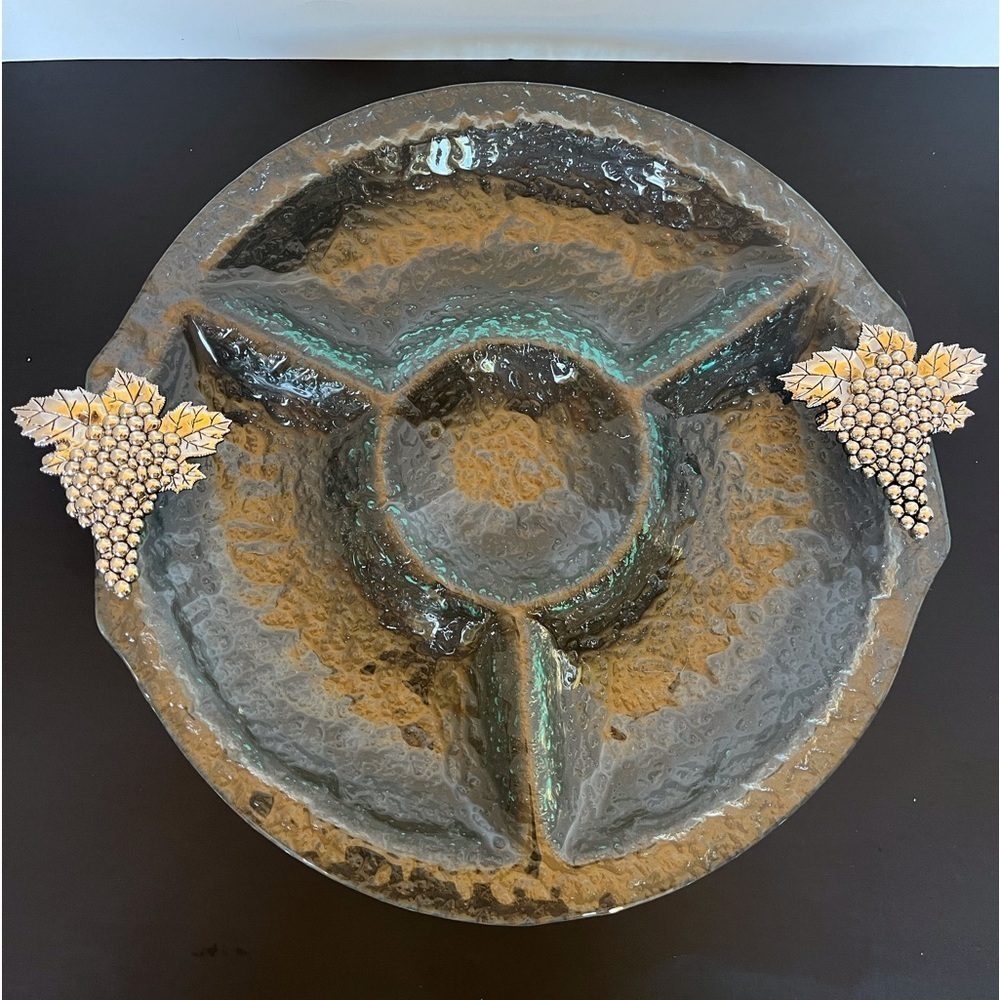 Divided Circular Glass Platter with Grape Bunch Handles